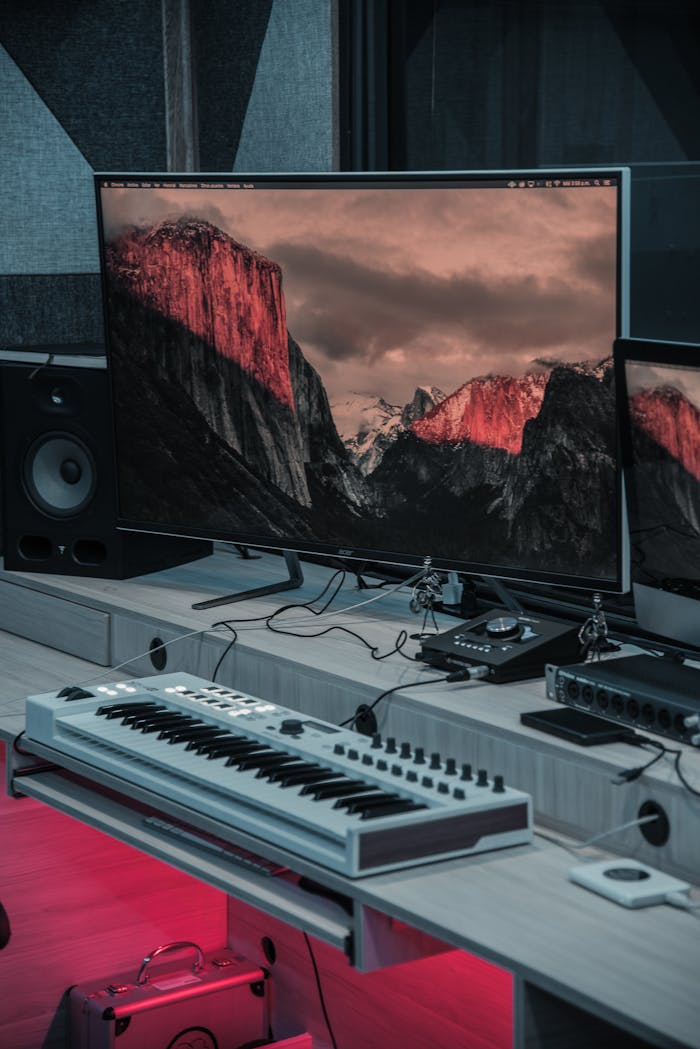 services-01 Discover a cutting-edge music studio featuring electronic equipment and an audio mixer.